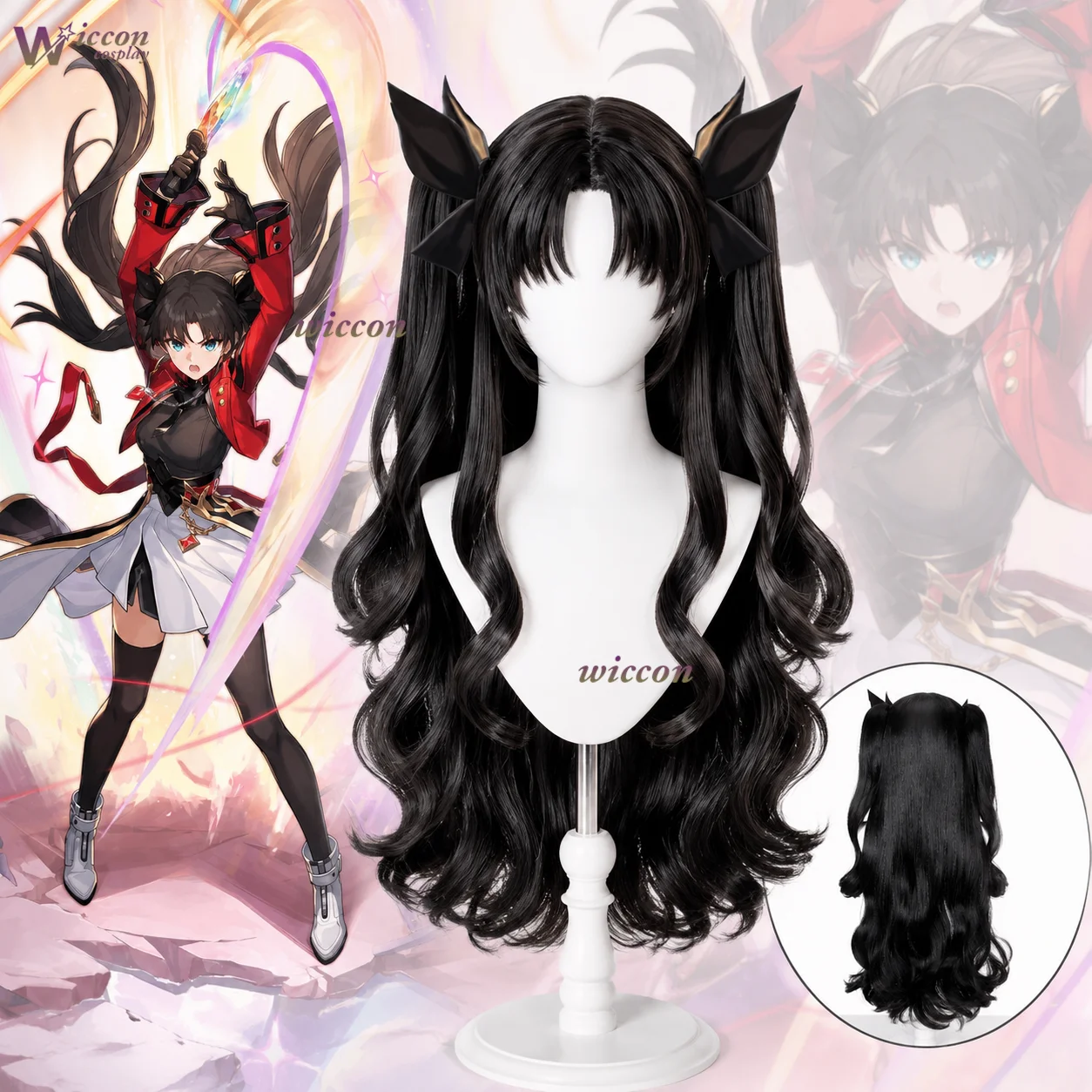 YNot Cos Honkai Star Rail Fate Rin Tohsaka Cosplay Wig Long Black Wavy Wig with Pigtails Heat Resistant Wigs Halloween