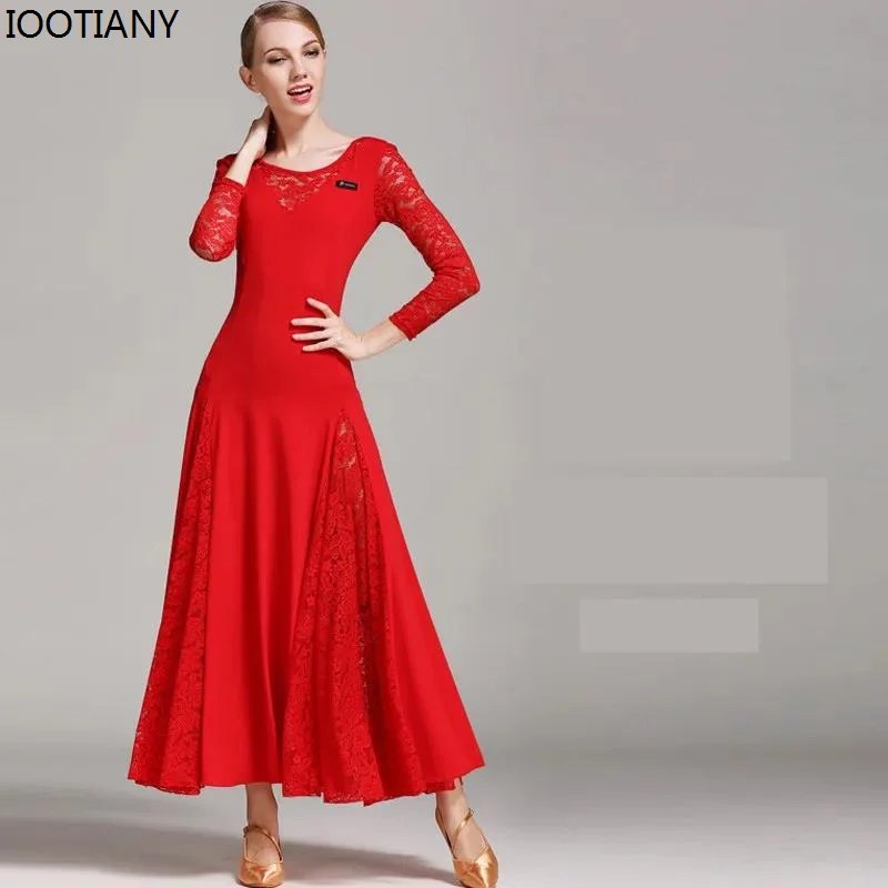 IOOTIANY 2024 Modern Dance Dress Sexy Lace Ballroom Dance Dress For Woman Long Sleeves Waltz Tango National Standard Dancewear