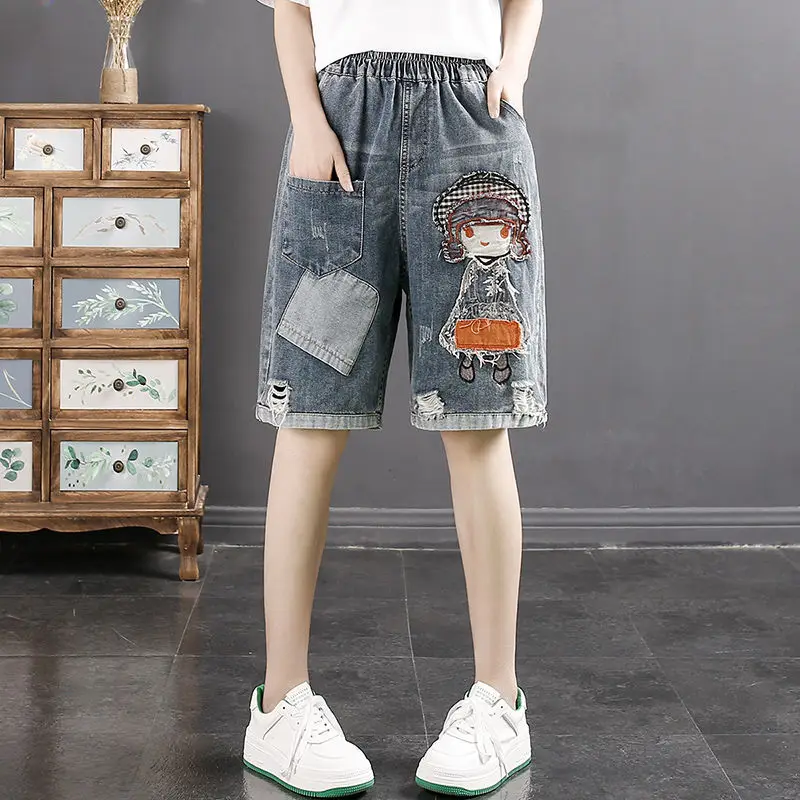 

High Waist Loose Fit Distred Denim orts Women's Summer Faion Straight Leg Patchwork Hot Pants Vintage Sle