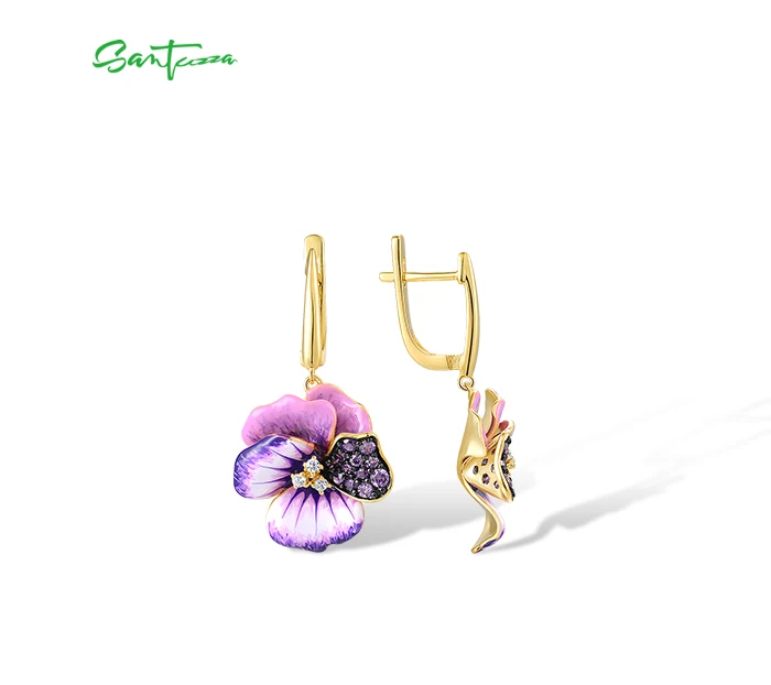 SANTUZZA Ohrringe aus reinem 925er Sterlingsilber für Damen, funkelnde rosa und violette Pfingstrosen-Emaille-Blumen, eleganter, edler Schmuck. – Detail 4