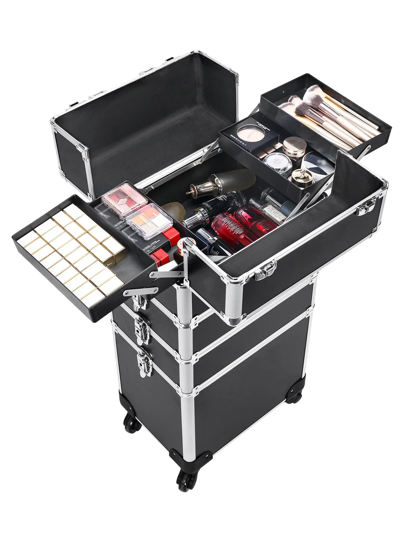 

%a Cosmetic Rolling Trolley Makeup Train Case Professional 4 in 1, Cosmetology Case on Wheels pink Make Up Box