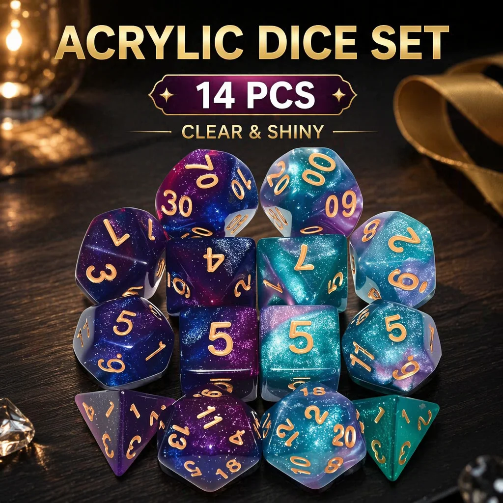 DND Dice Set 14PCS Glitter Sparkle Cosmic Mixed Polyhedral DND Dice for RPG MTG Table Game Dice