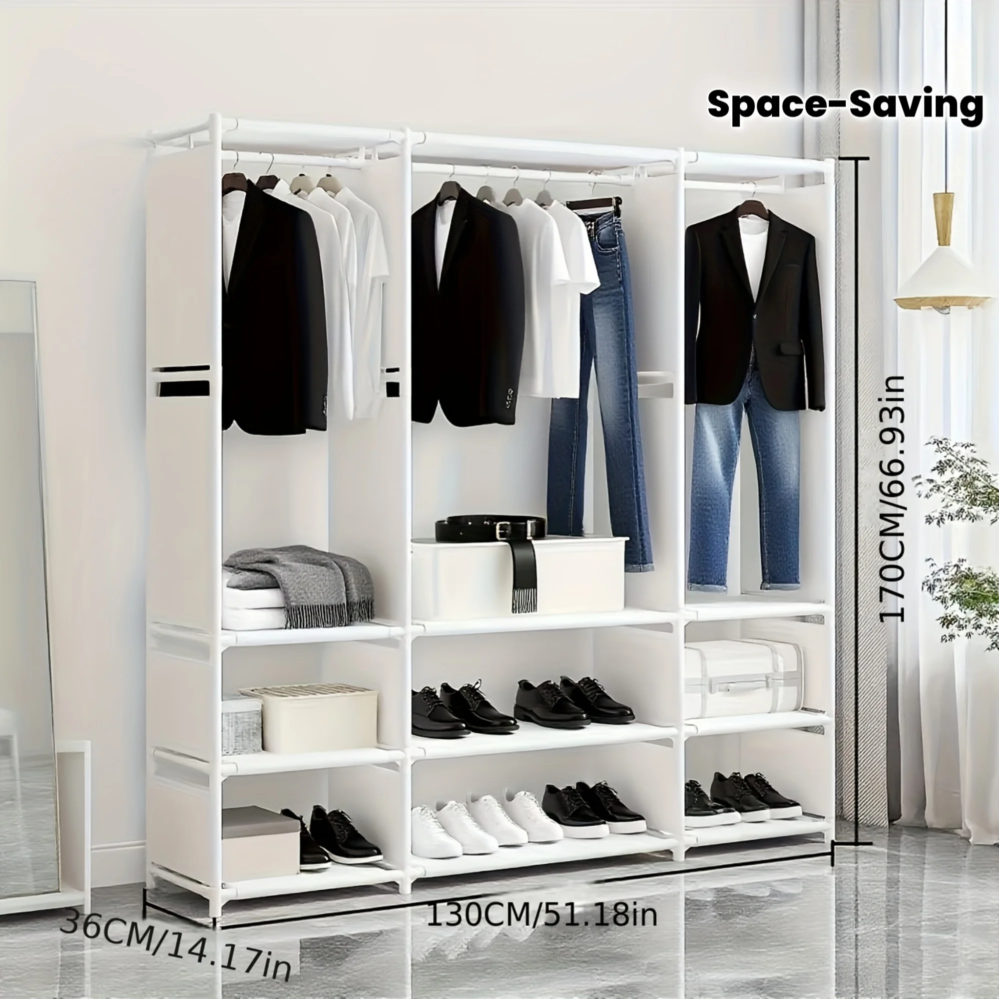 

[Large-Capacity Wardrobe] Closet with 9 Independent Storage Compartments, 3 Hanging Rods, 16mm Metal Tubes. Space-Saving, Easy-to-Use Design for Convenient Storage Of Clothes, Quilts, Bags, And Other Items. Suitable for 12 Different Scenarios.