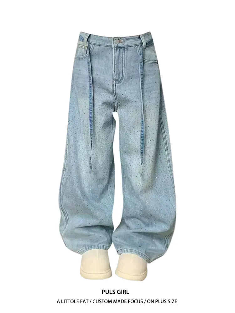 

Американские джинсы оверсайз из выстиранного денима для женщин: новые летние свободные драпированные брюки с широкими штанинами, высокой талией, повседневные, с эффектом похудения