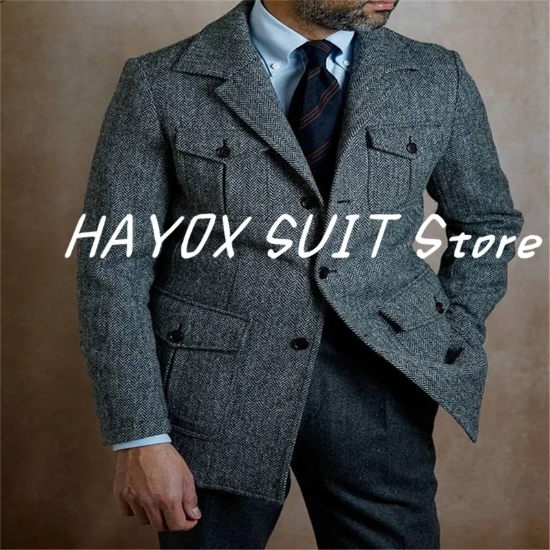 Tweed Men\'s Suit Jacket Vintage Single Breasted Business Formal Men Ensembles De Blazers For Wedding Costume Homme