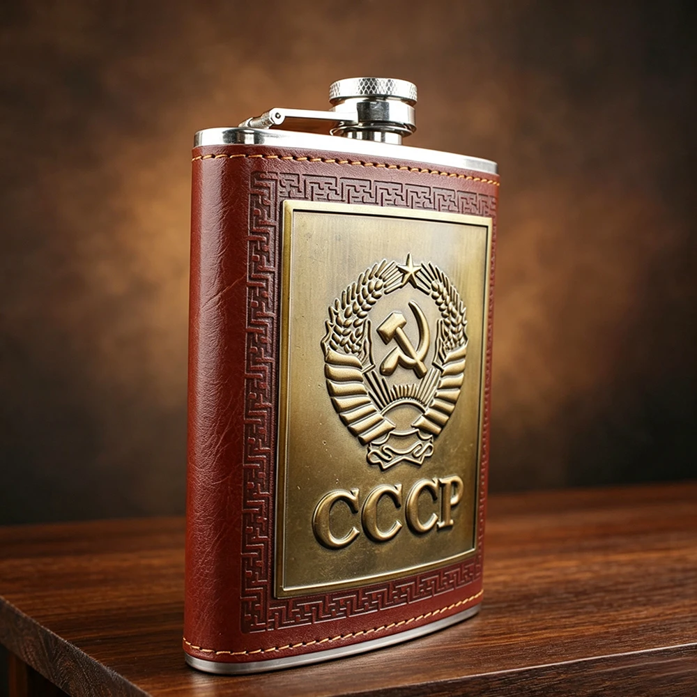 8oz Russian Hip Flask, Leather Wrapped CCCP Embossed Sticker Pocket Liquor Flask, Portable Whiskey Wine Bottle for Outdoor