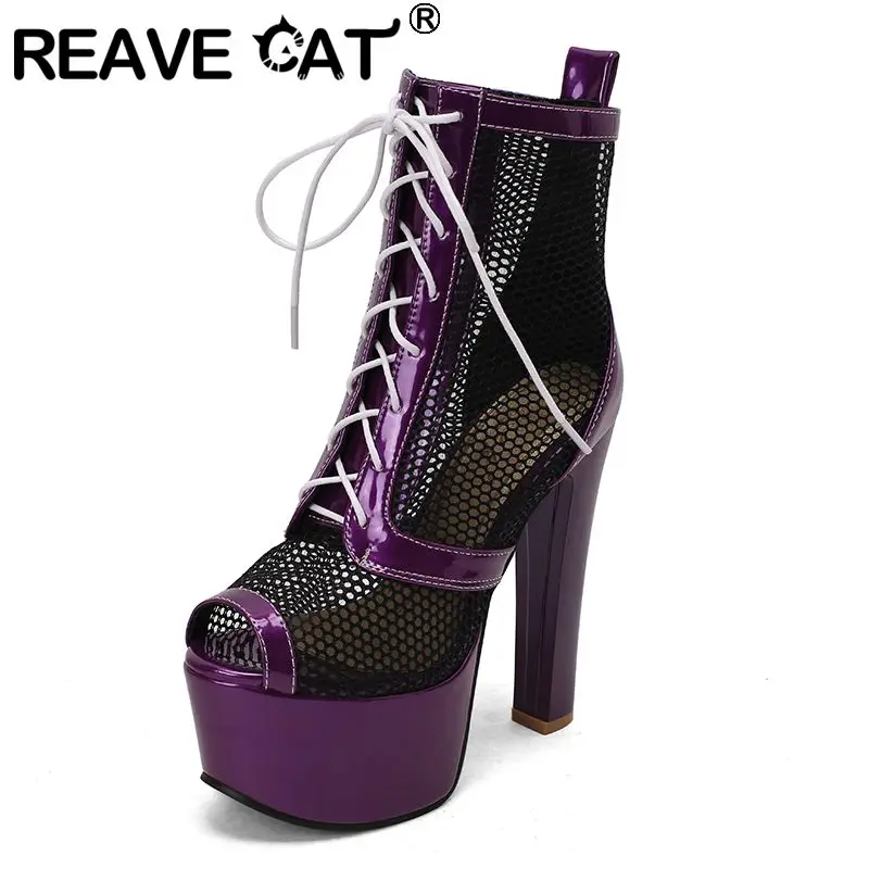 

REAVE CAT 2025 Сексуальные женские сандалии с открытым носком из дышащей сетки на шнуровке с открытым носком на высоком каблуке 15 см на платформе 5 см 43 44 Туфли для вечеринок