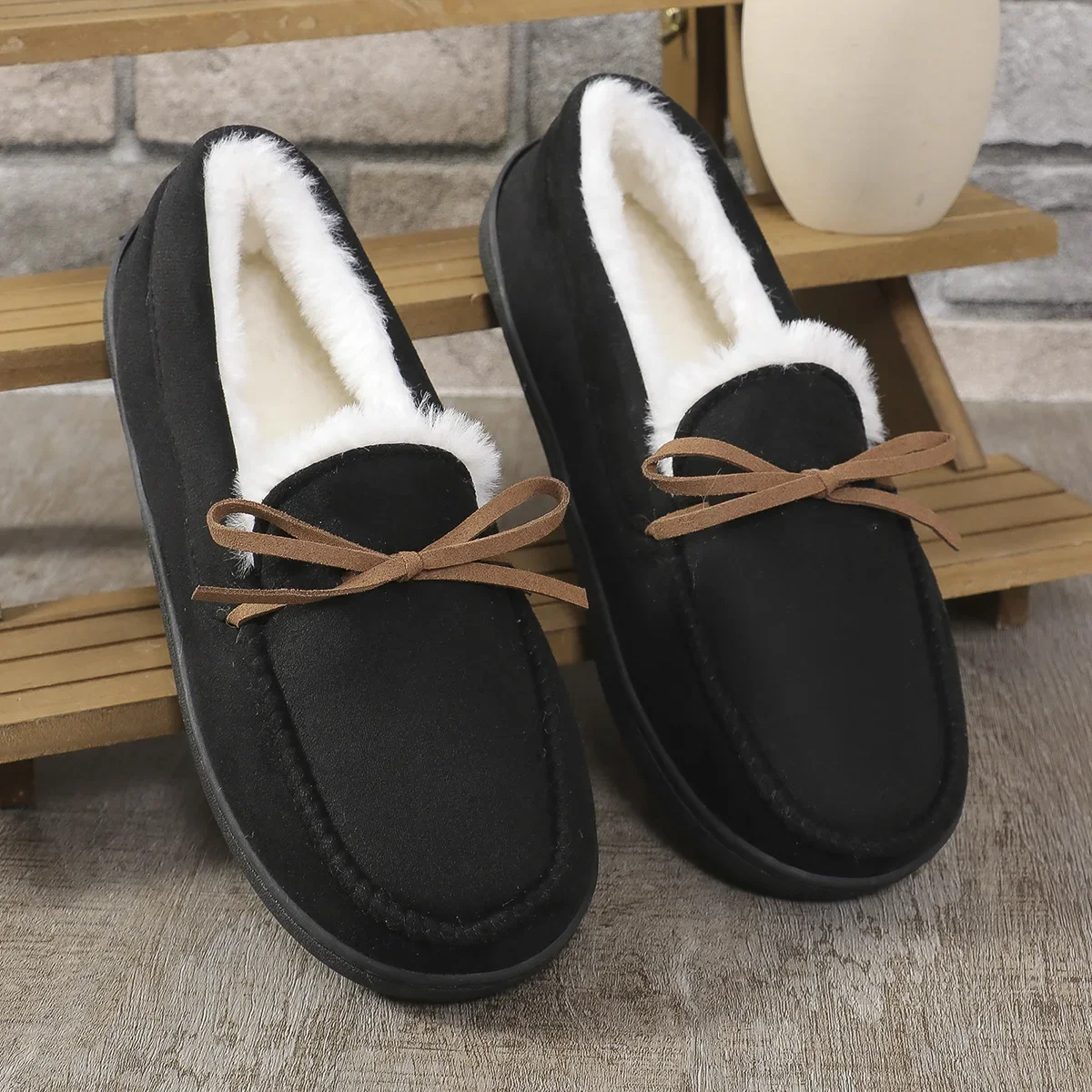 2024 New Womens Winter Bow Ankle Boots Slip on Casual Snow Boots Plush Fur Warm Cotton Shoes Outdoor Casual Ladies Flat Shoes