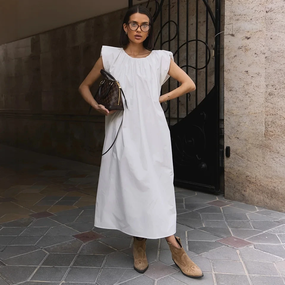 

2026 New Womens Summer Sleeveless Shirred Dress Loose Lazy Style Long Casual Temperament Elegant Versatile