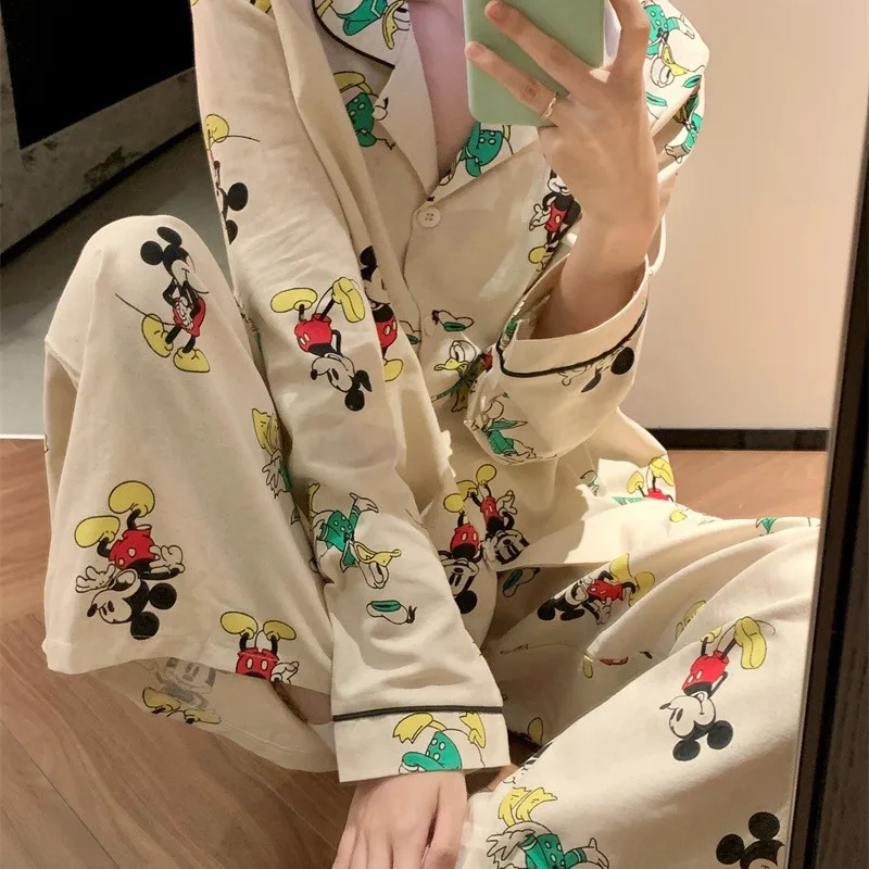 Cartoon Disney Mickey Mouse pajamas autumn cotton warm casual loose cardigan women\'s pajamas with chest pads loungewear set