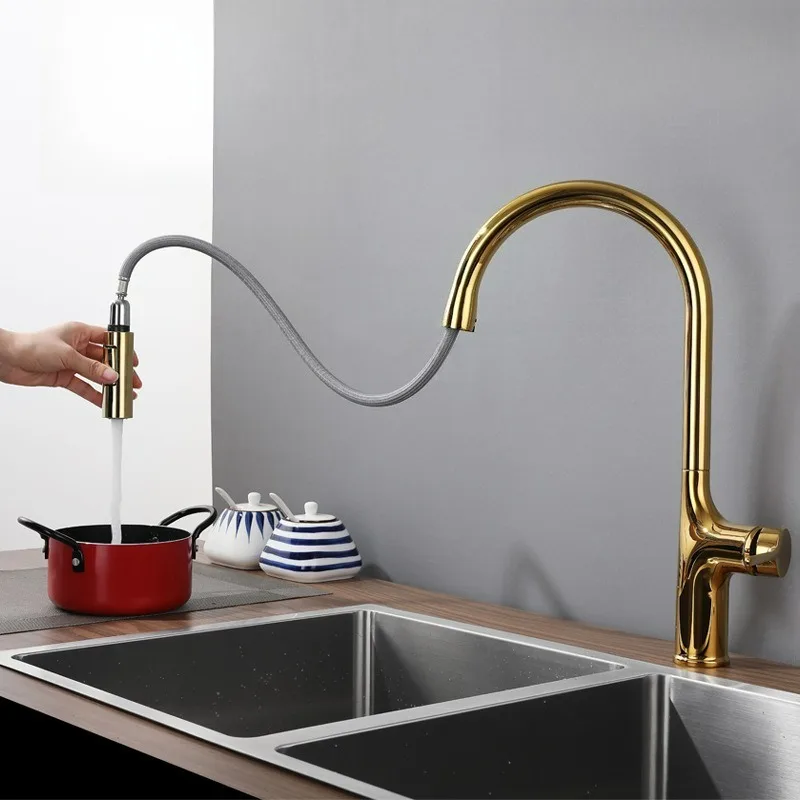 

Gold Kitchen Sink Faucet Deck Mounted Kitchen Faucet Two Function Single Handle Pull Out Mixer Hot and Cold Water Taps