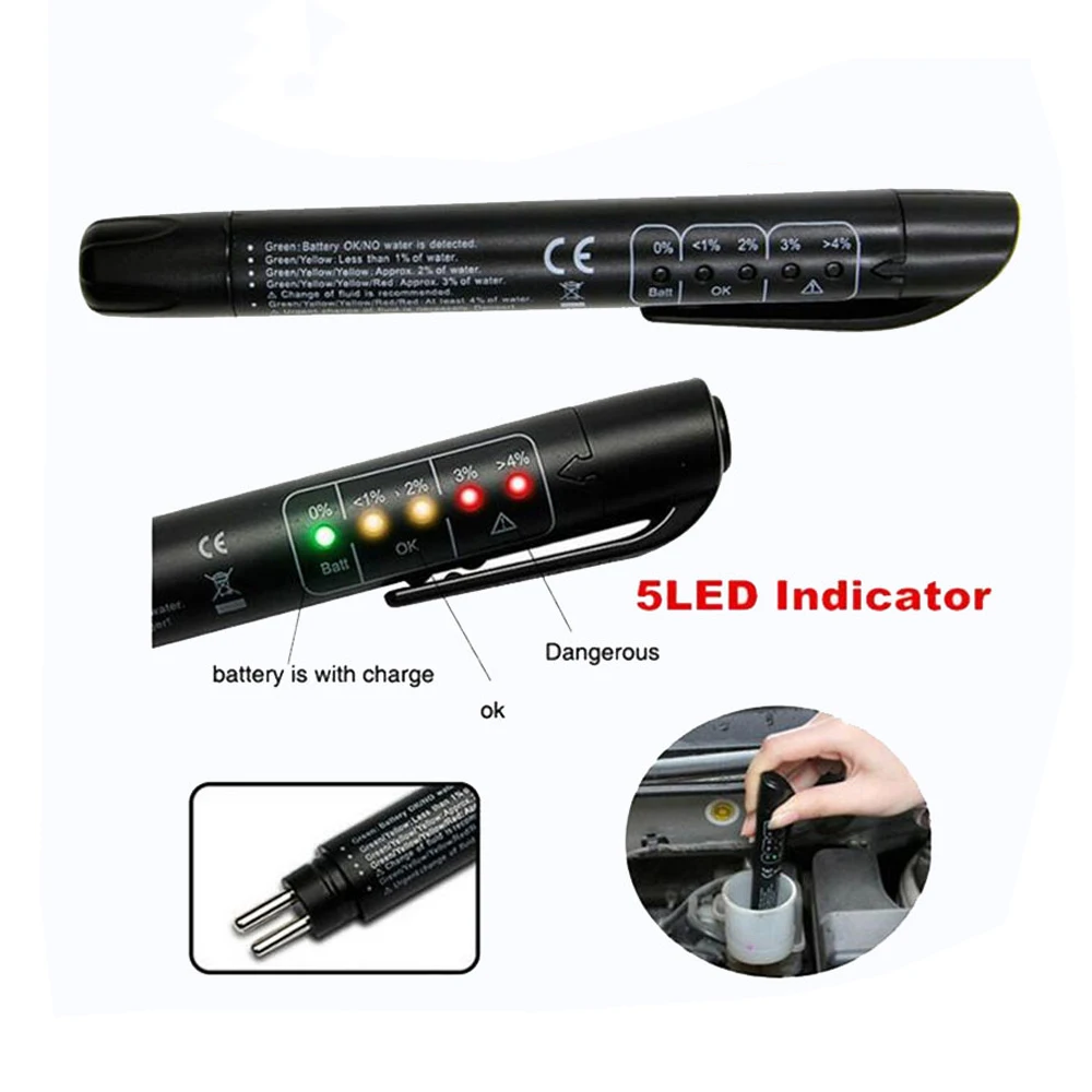 Automatic Liquid Detection Brake Fluid Tester Pen Brake Fluid Tester Digital 5 DOT3/DOT4 LED Indicator Shows Electronic Pen