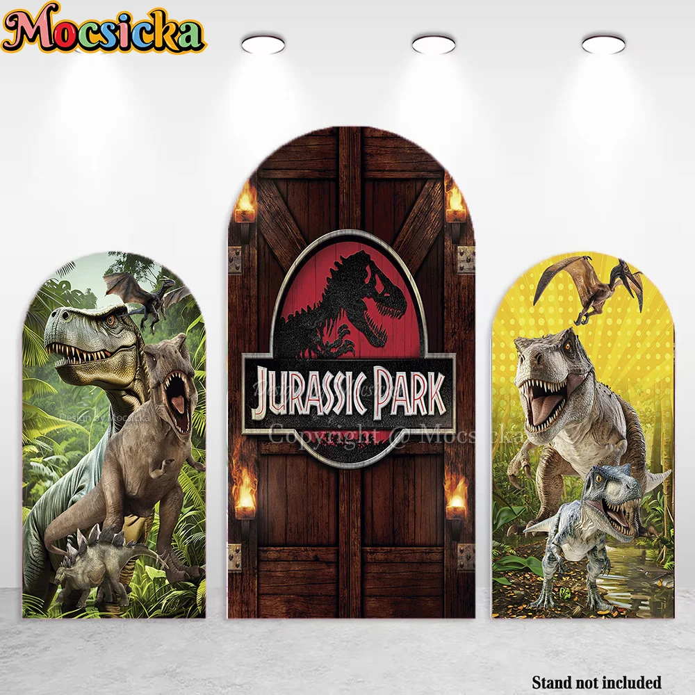 

Mocsicka Jurassic Park Arched Background Photography Dinosaur Tropical Forest Wooden Door Backdrop Decor Boy 1st Birthday Photo