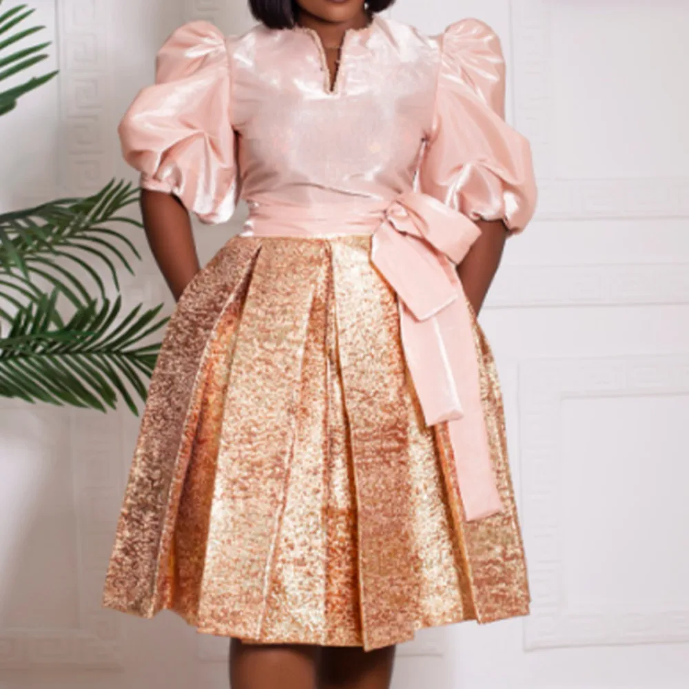 African Women Dress Short Sleeves Splicing Elegant Pleated Bow Waistband Non-elastic A-line High Waist Party Evening Dresses
