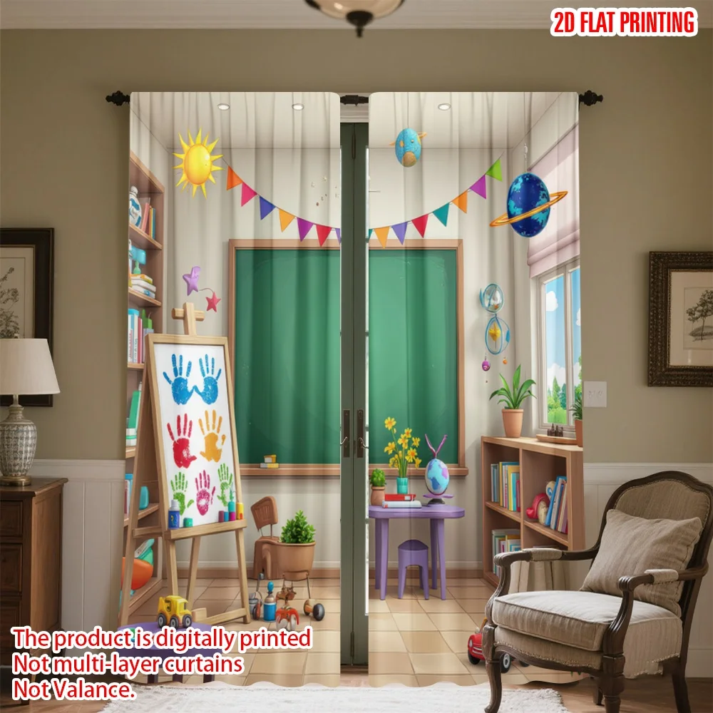 

2D flat printing 2pcs Curtains Classroom with Paint Handprints Digital Printed Polyester Drapes Family Party Decoration for