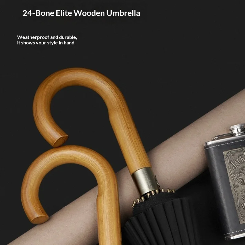 Windproof 24 Ribs Large Umbrella Wooden Curved Handle Semi Automatic Stormproof Business Travel Sun Umbrella Sombrilla Playa