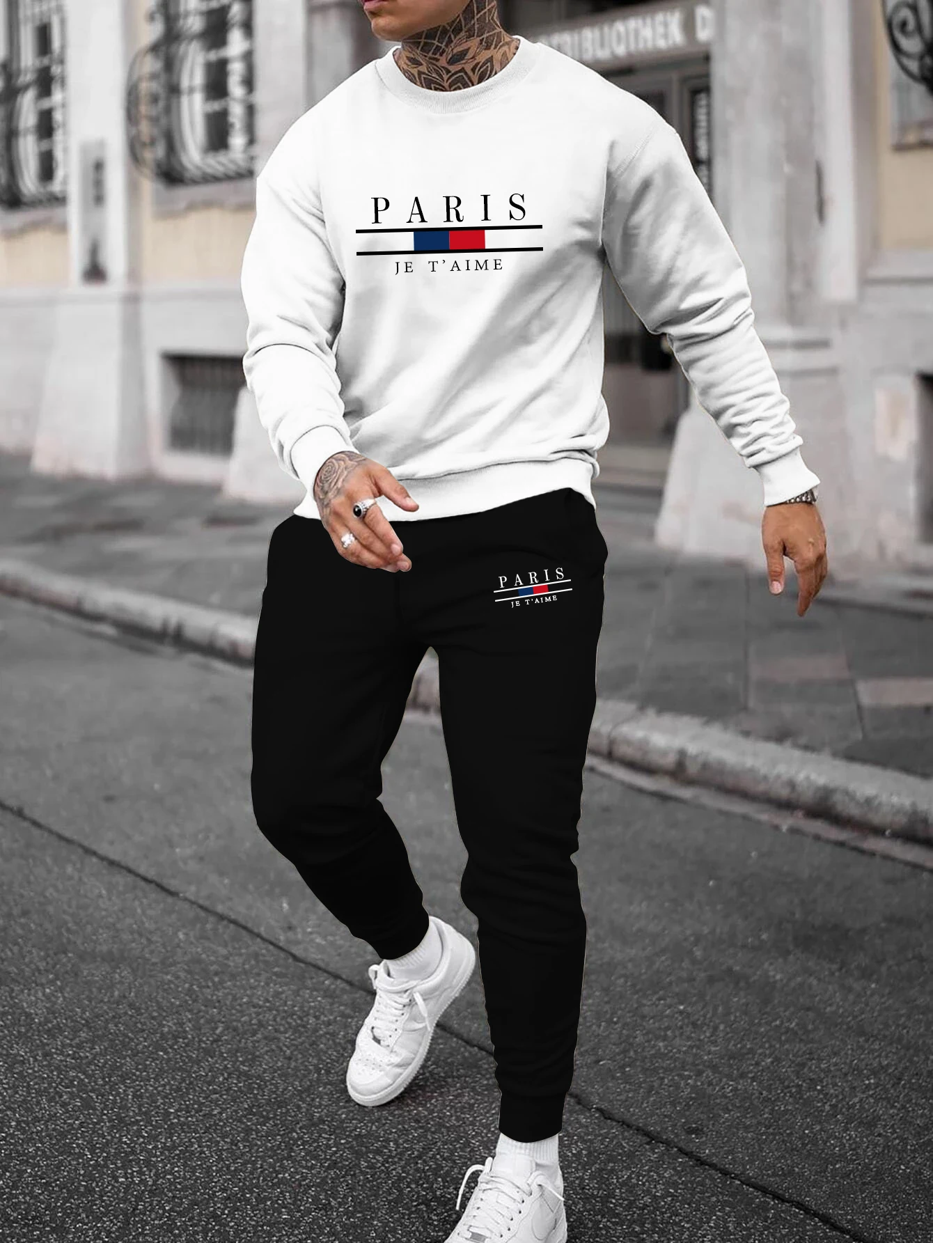 Autumn Trendy New Sweatshirt Sweatpants Set Men\'s Loose Casual Fit Paris Letter Printed Hundred Long Sleeve 2 Pieces Set