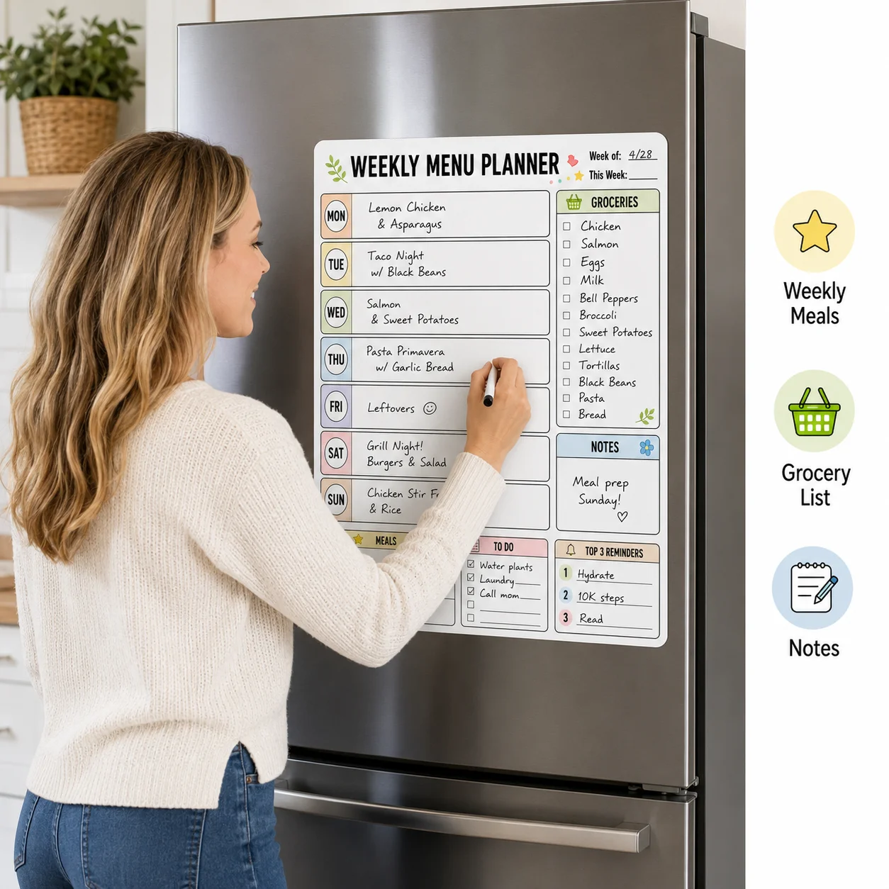 1pc Fridge Dry Erase Weekly Menu Planner Sticker With 1 Erasable Marker, Reusable Whiteboard Meal Planning Board For Kitchen Gro view 3