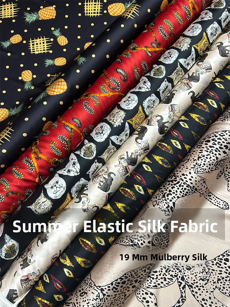 

Summer Floral Print Silk Satin Elastic 19 Momme Silk Fabric for Skirts Blouse DIY Handcraft Home Decoration