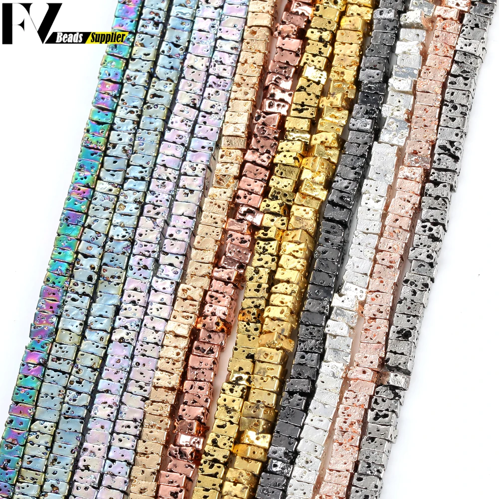 4x2mm Natural Volcanic Rock Stone Beads Gold Silver Plated Colorful Square Lava Beads For Jewelry Making Diy Necklaces Bracelets