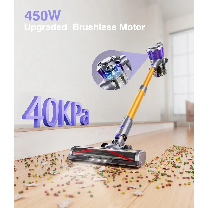 Cordless Vacuum Cleaner, 450W 40Kpa Powerful Stick Vacuum, Up to 50Mins Rechargeable Battery, Vacuum Cleaners