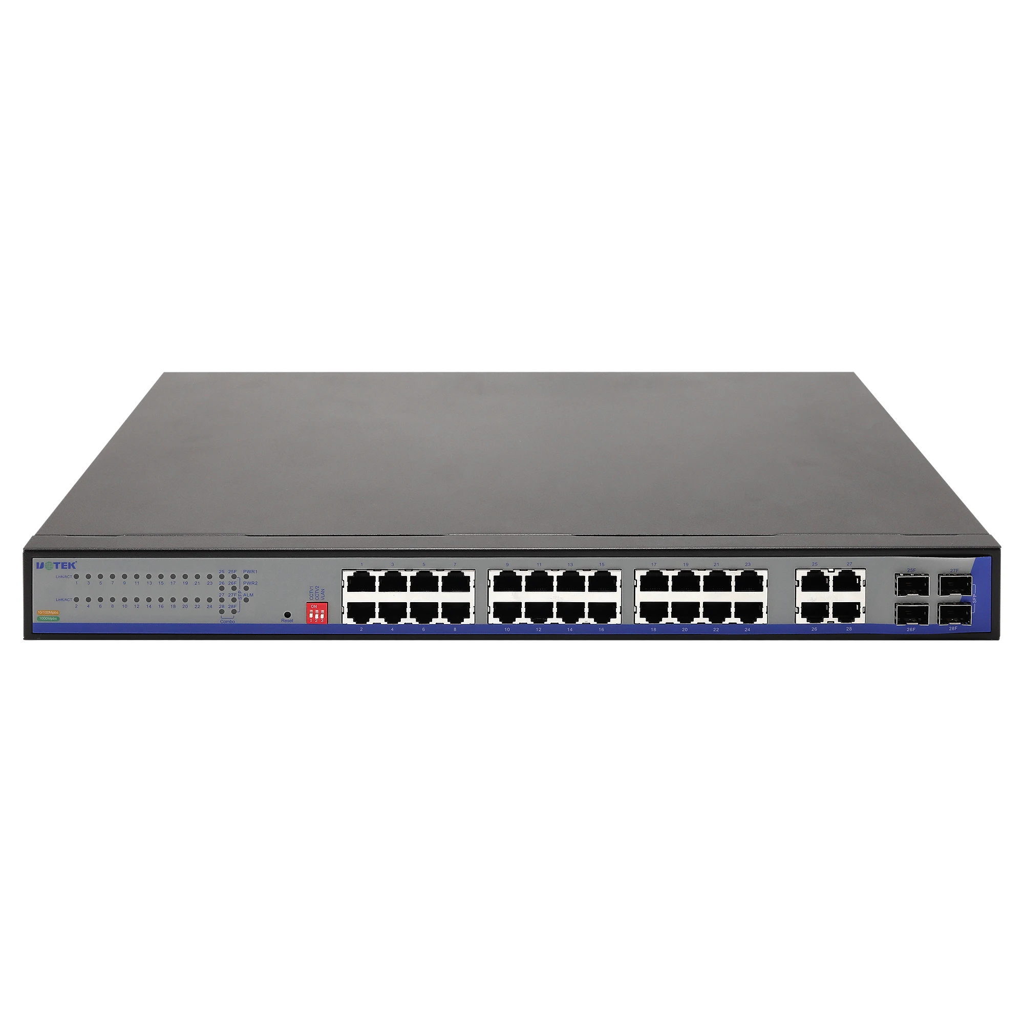 

UOTEK 28 Ports Unmanaged SFP Gigabit Industrial Ethernet Switch Support One-click VLAN and CCTV Function UT-60028GC-24GT4GB-RNA