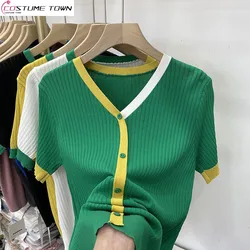 V-neck Color Blocking Ice Silk T-shirt for Women's Summer New Slim Fit Pullover Sweater Korean Version Versatile and Stylish Top