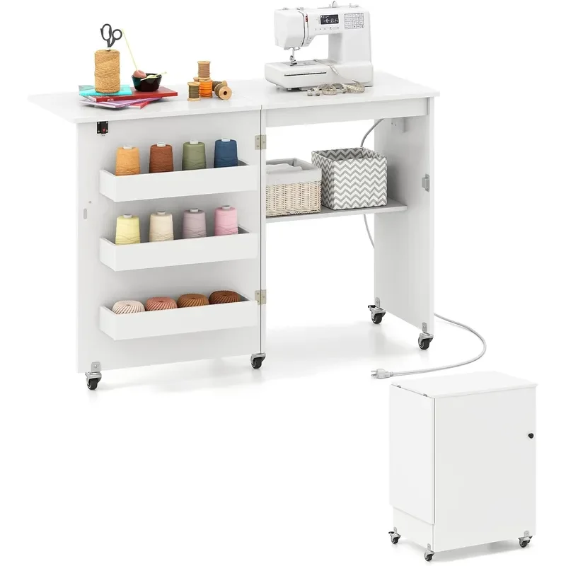 Folding Sewing Table with Power Socket Mobile Craft Work Station