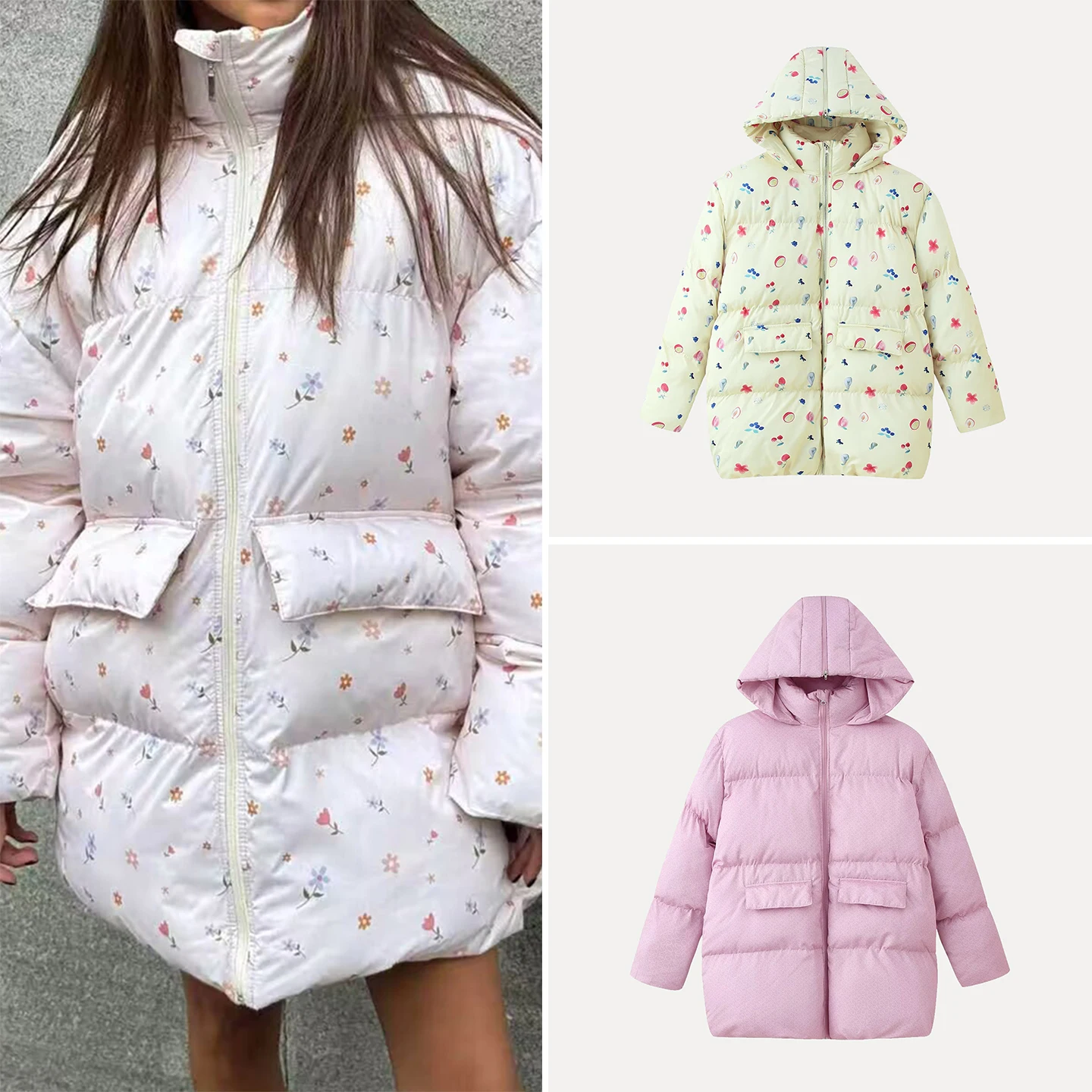 

Faionable Printed Hooded Jaet Women's Sle Multicolored Outerwear Commute Straight Cut Long Sve Zipper Mid-Length Coat