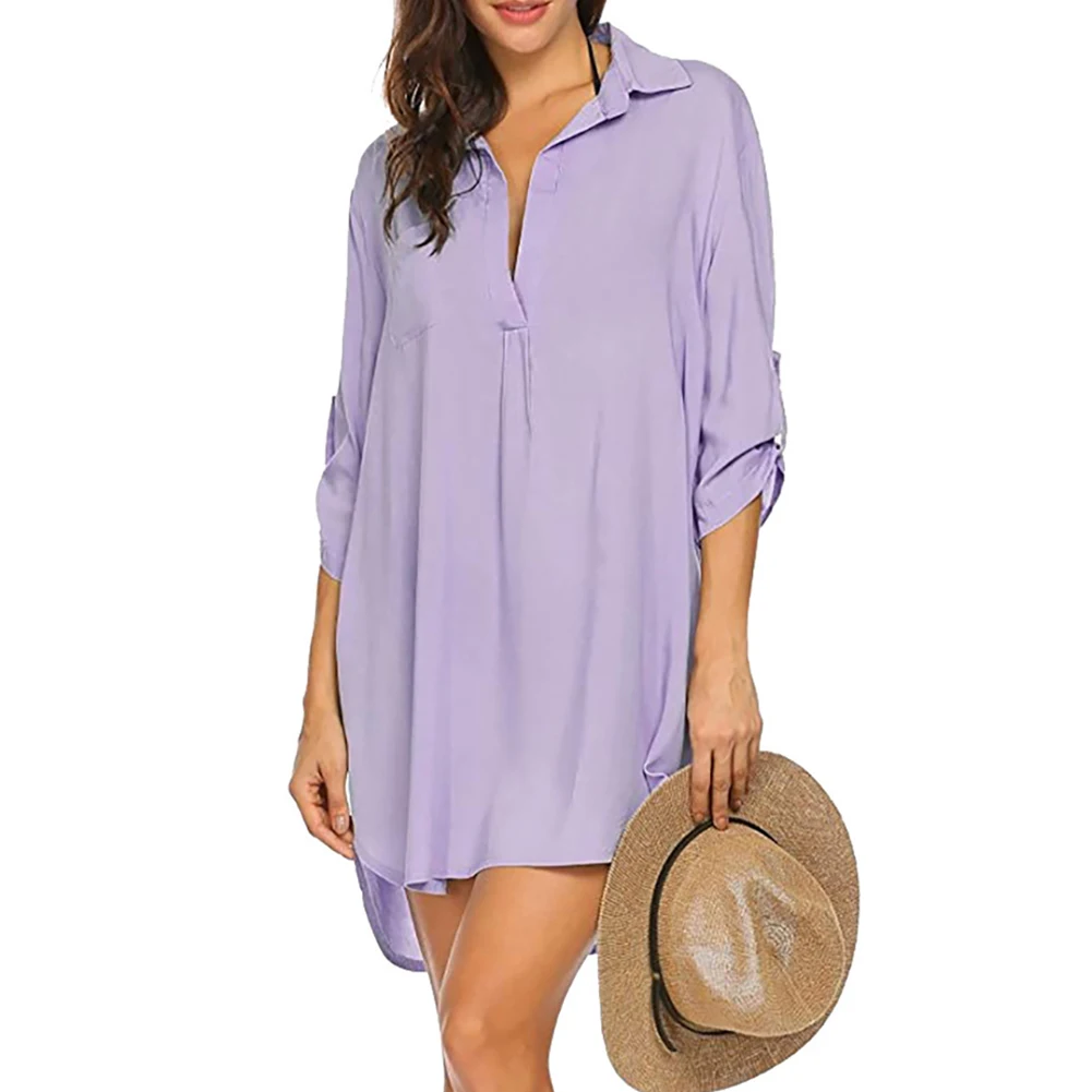 Dress Shirts Beach Holiday Casual Chiffon Comfortable Cover Up Deep Fashion Flexible Regular Solid Sun Protection