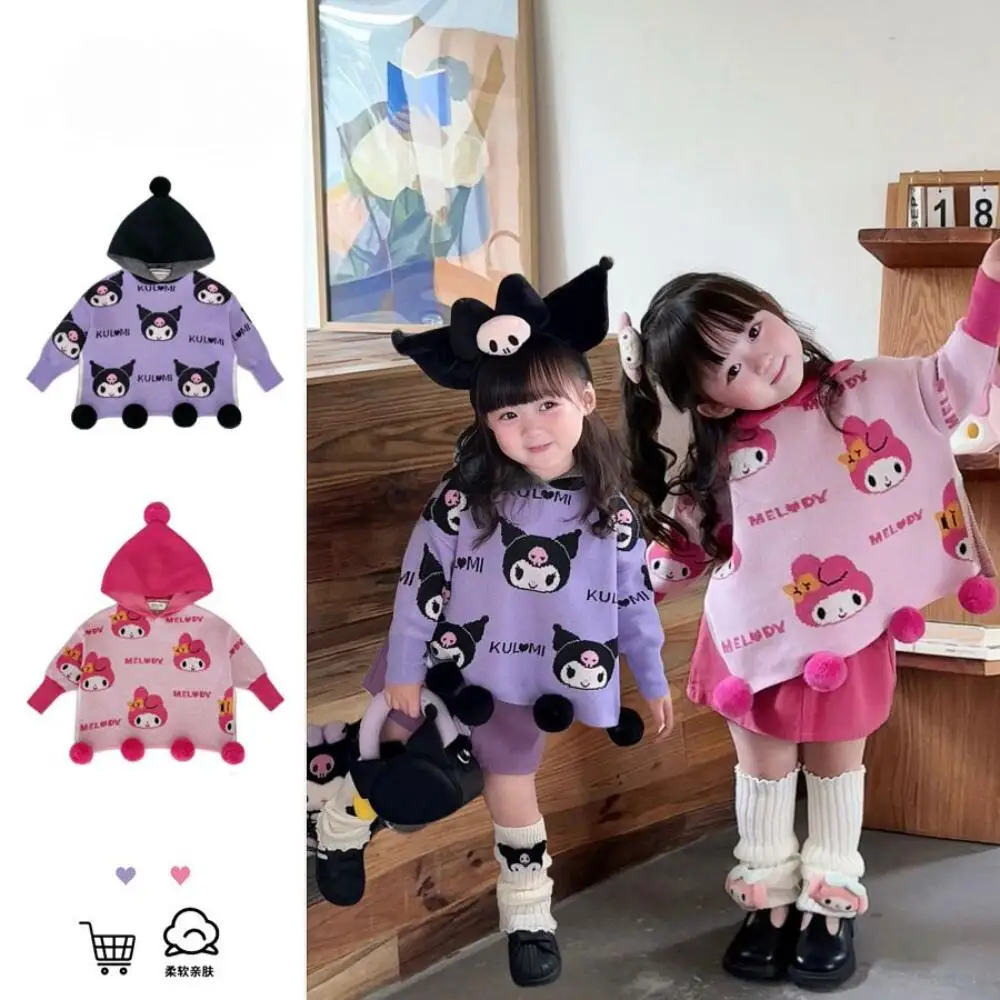 

Sanrio Kuromi My Melody New Spring Autumn Girls' Knitted Cape Stylish Hooded Children's Cartoon Cute Sweater Top Cute Fur Ball
