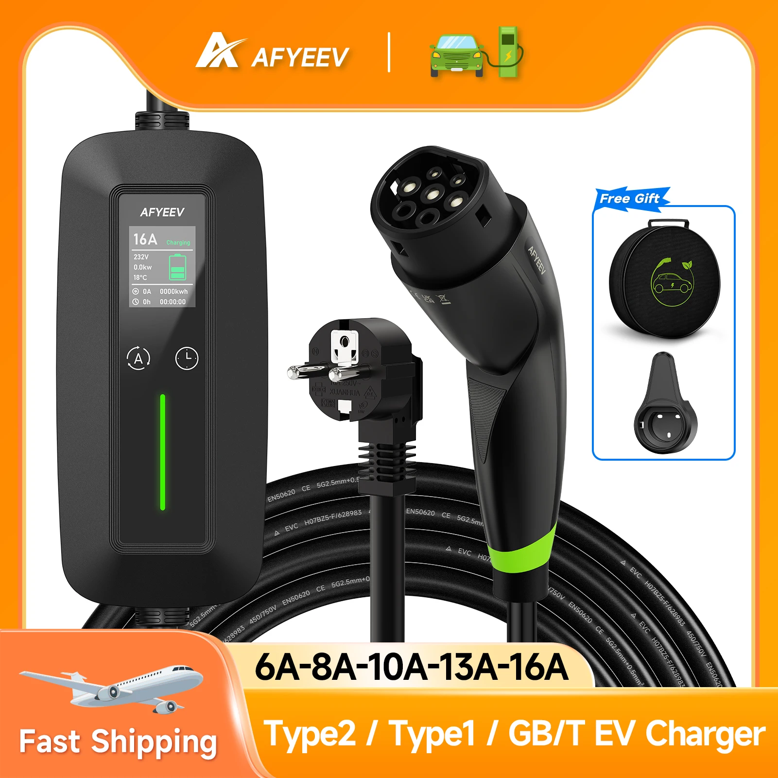

AFYEEV 3.6KW 16A Type2 IEC62196-2 EV Charger Portable Type1 SAE J1772 Electric Car Charging Cable GB/T Charger With Gun mount