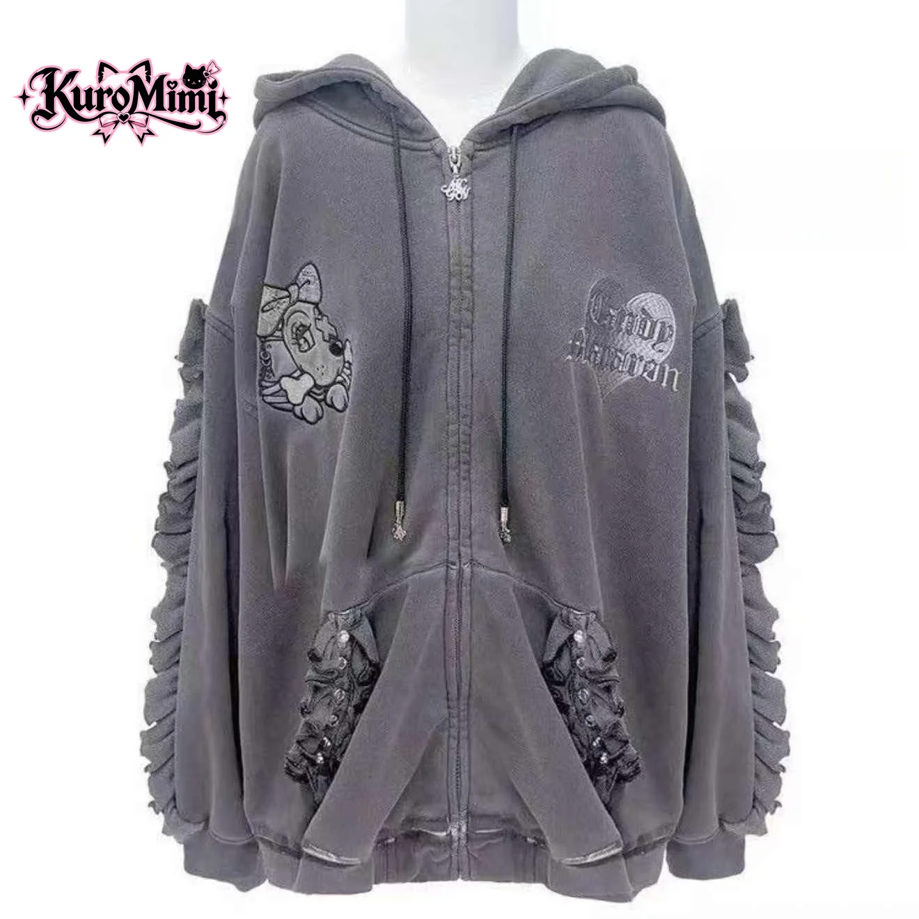 Harajuku Japanese Subculture Kawaii Cartoon Dog Embroidery Ruffle Trim Oversized Zip Up Hoodie Women Casual Streetwear Outfit