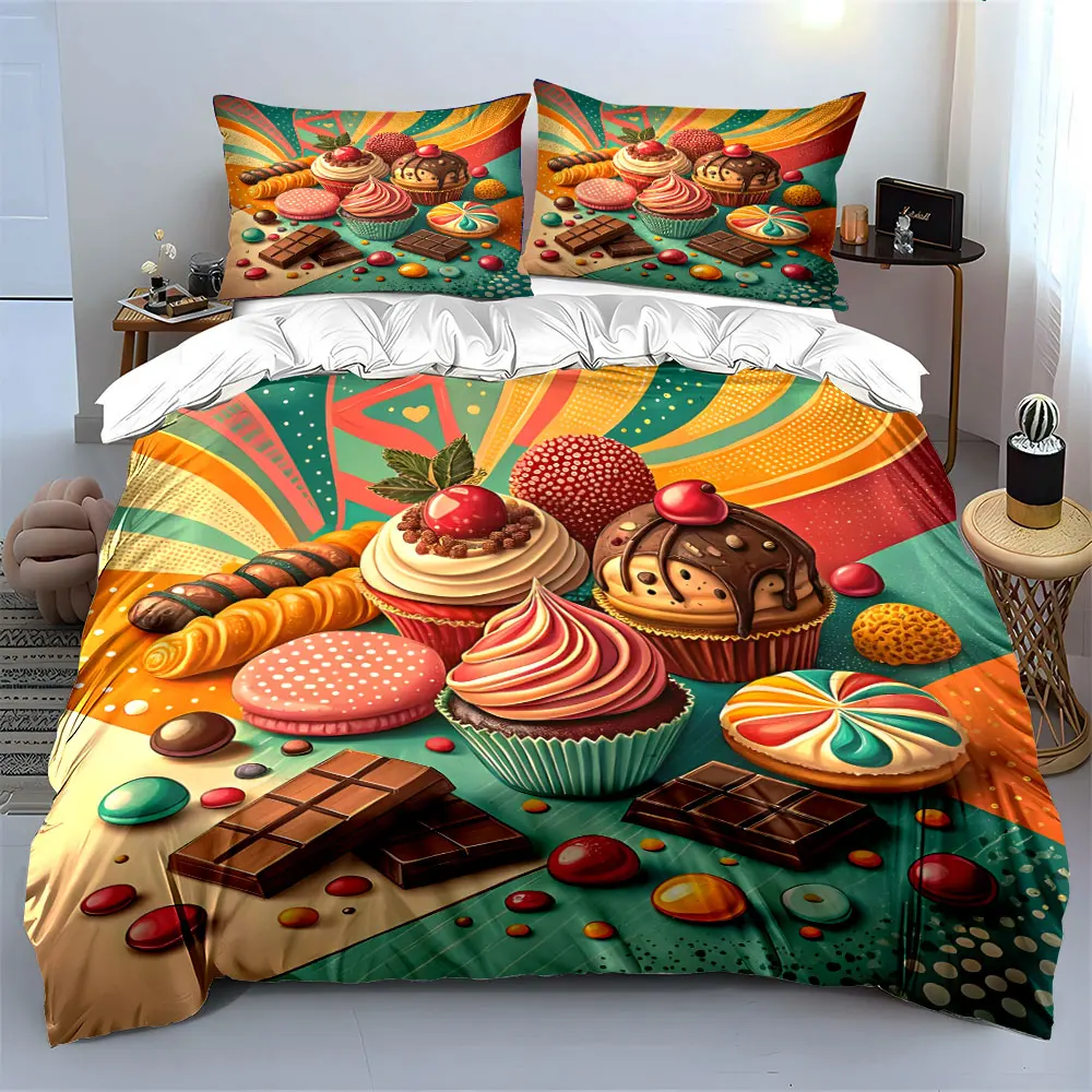 

"Colorful Dessert Prints Set" Soft Skin-Friendly Bedding Set Includes 1 Duvet Cover And 2 Pillowcase, Gift