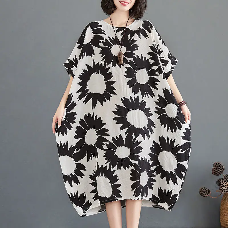 Dameskleding Kantoor Dame Afdrukken Oversized Jurken Dames Eenvoud O-hals Korte mouw Losse midi-jurk Zomervlasjurken