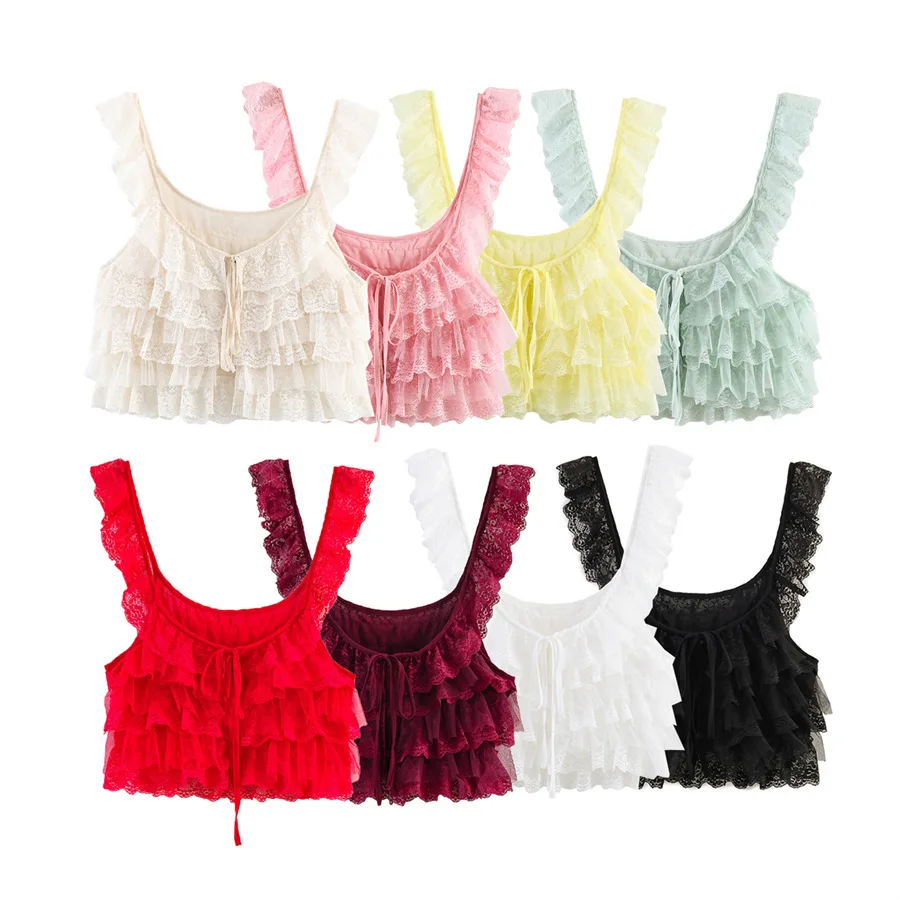 

Новинка 2026: Женская одежда оптом – модный повседневный облегающий черный топ-камизоль с кружевной многослойной отделкой для женщин