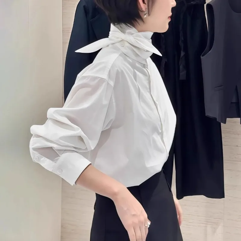 Women's White Long Tie Collar Long Sleeve Button Down Shirt Elegant Office Casual Top view 4