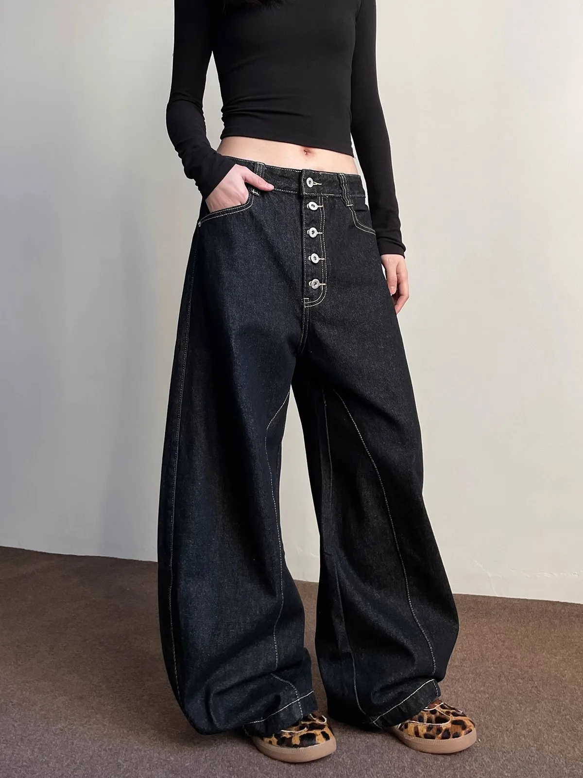 

European And American Breasted Wide Leg Jeans For Men And Women, Autumn And Winter Loose Fit High Waisted Design Pants