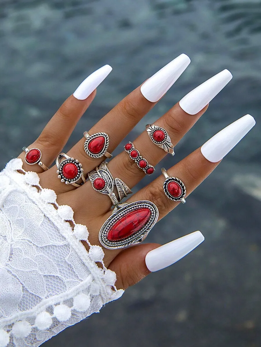 

7Pcs Vintage Alloy Red Stone Geometric Oval Bohemian Ring Set For Women Party Gift