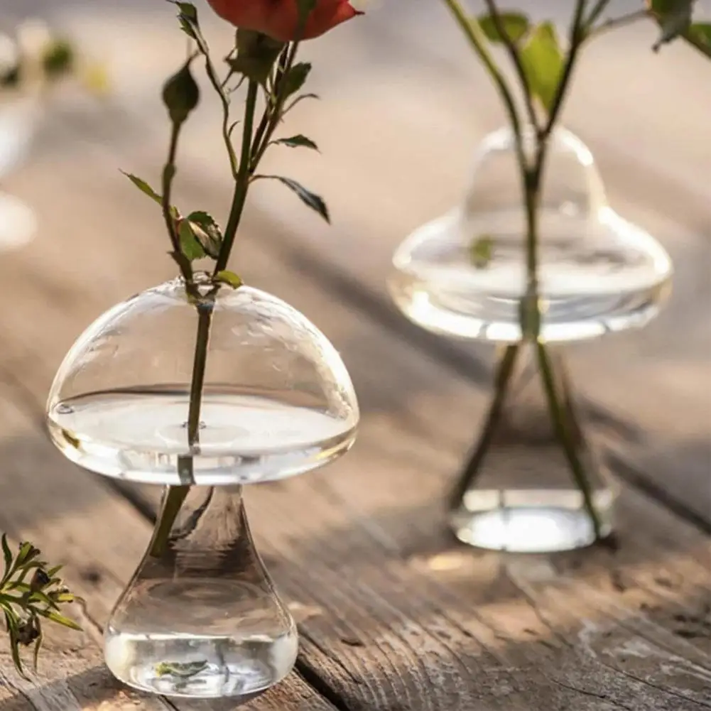 Clear Small Bud Flower Vase Cute Mushroom Propagation Stations Glass Mushroom Vase for Home Room Kitchen Windowsill Decoration