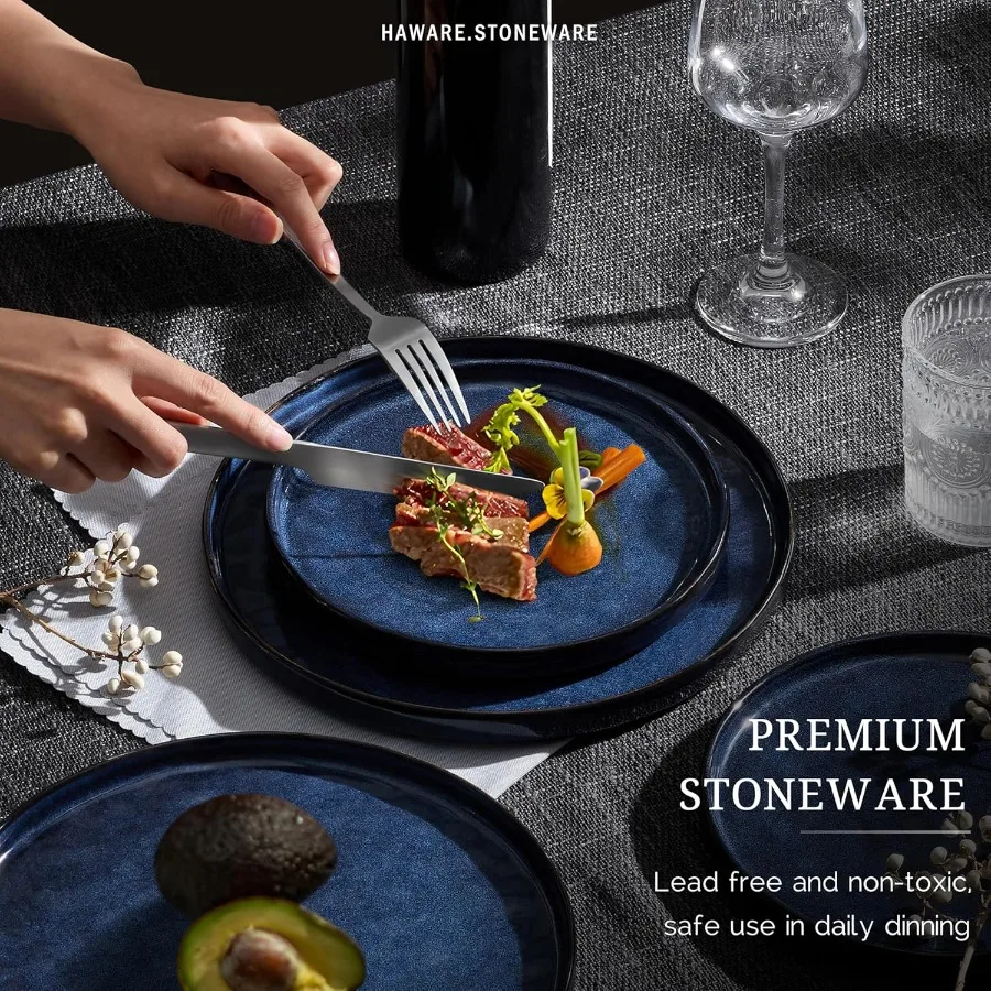 12Piece Stoneware Dinnerware Set for 4 Including Plates and Bowls Reactive Starry Blue Ceramic Dish Set for Home Restaurant Use