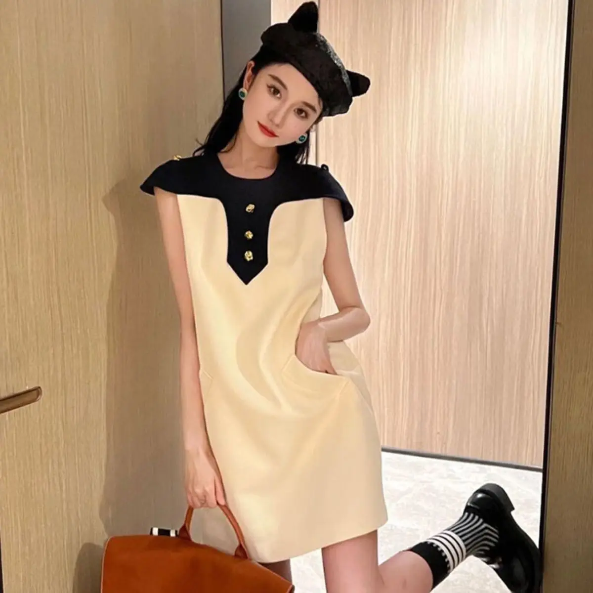 

2024 Summer Celebrity Elegant and Elegant Style High Grade Color Block Dress New Women's Short Skirt