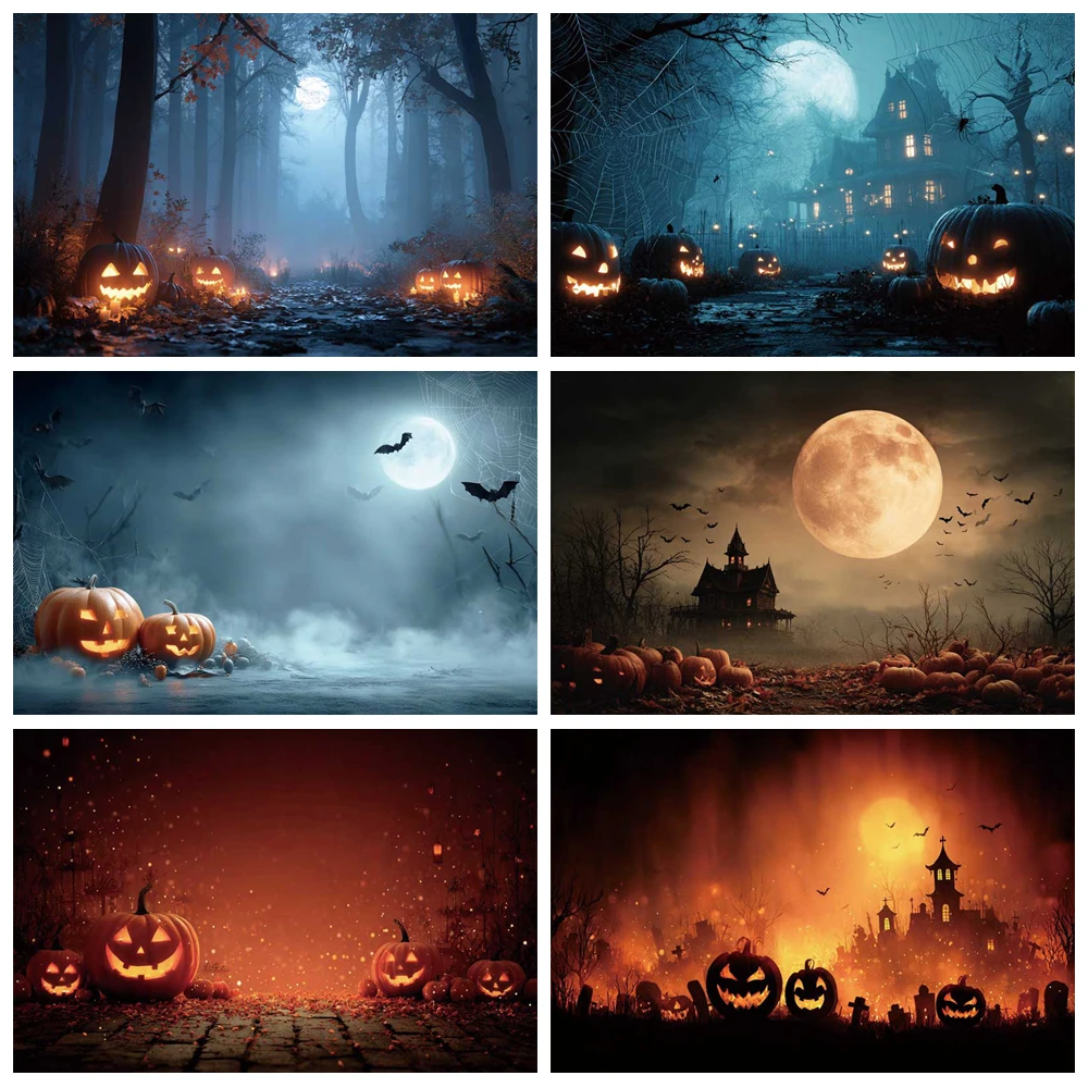

MOON.QG Halloween Pumpkin Moonlit Nights Custom Backdrop Bats Lanterns Photographic Background Wallpaper Photobooth Birthday