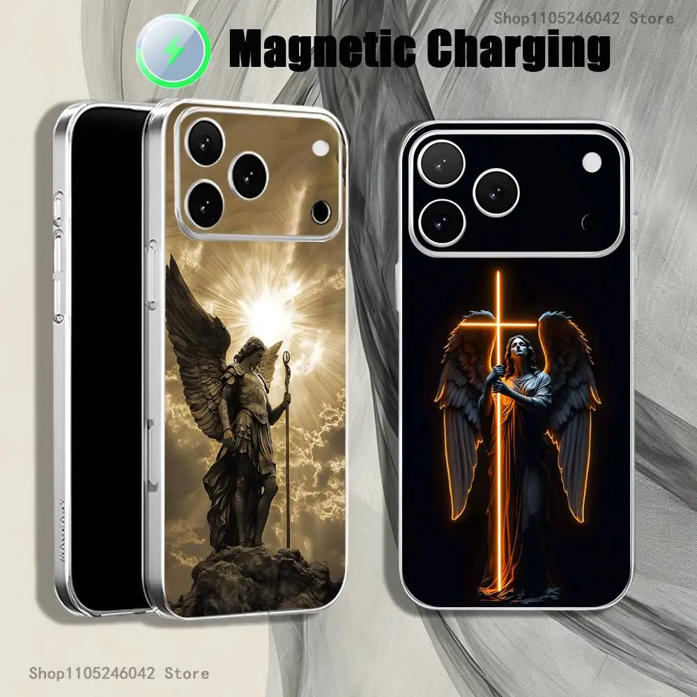 Archangel Michael Cross Transparent White Phone Case For iPhone 18,17,16,15,14,13,12,11,Pro,Max,Plus Magnetic Wireless Charging