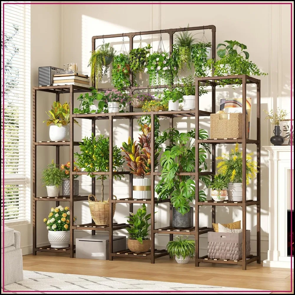 Large Wood Plant Stand for 18-22 Pots, 55.9"W x 63.1"H, Indoor/Outdoor, Sturdy & Stable