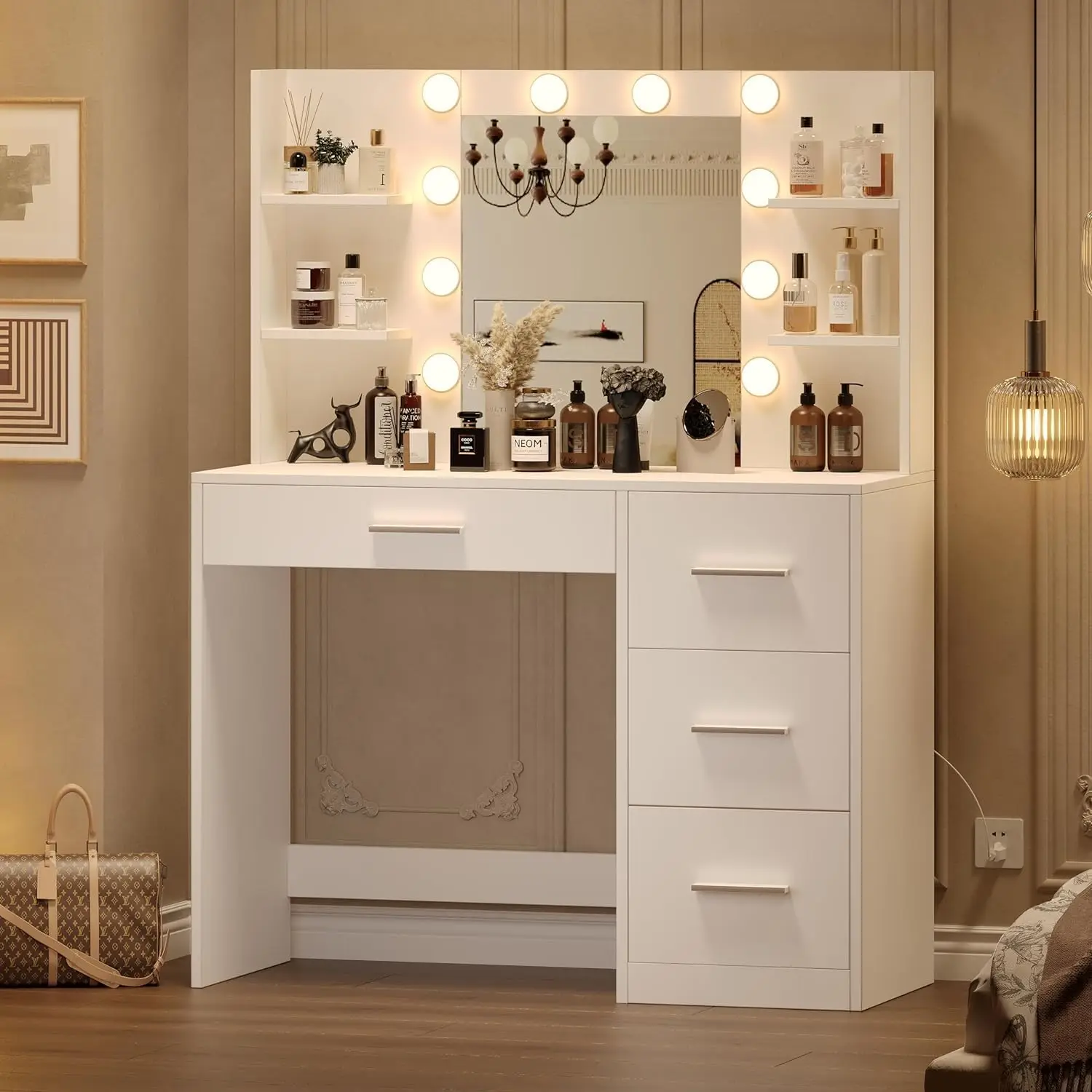 2024 NEW Vanity Desk, Makeup Vanity with 10 LED Lights & 4 Drawers, Brightness Adjustable, Dressing Table Desk with 6 Shelves