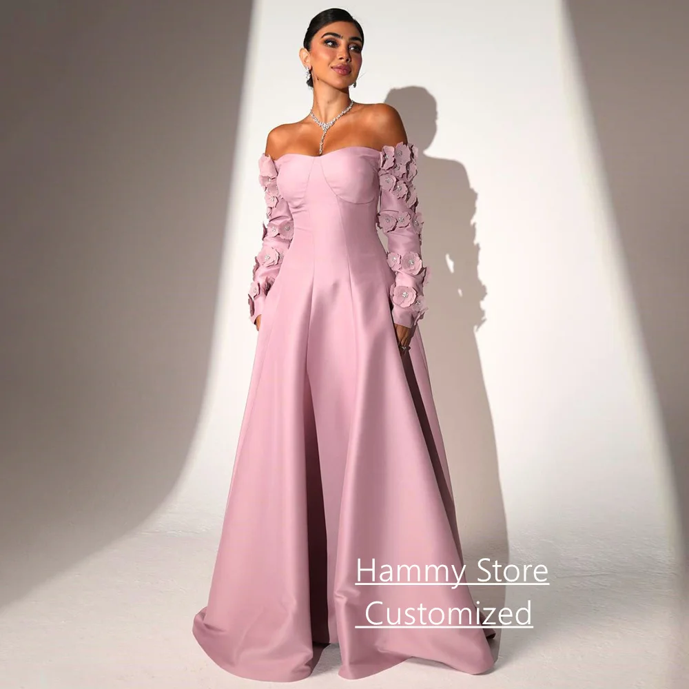 

Fashion Flowers Evening Dress Customized Sweetheart Long Sleeves A Line Saudi Arabian Party Gown Corset Prom Dresses