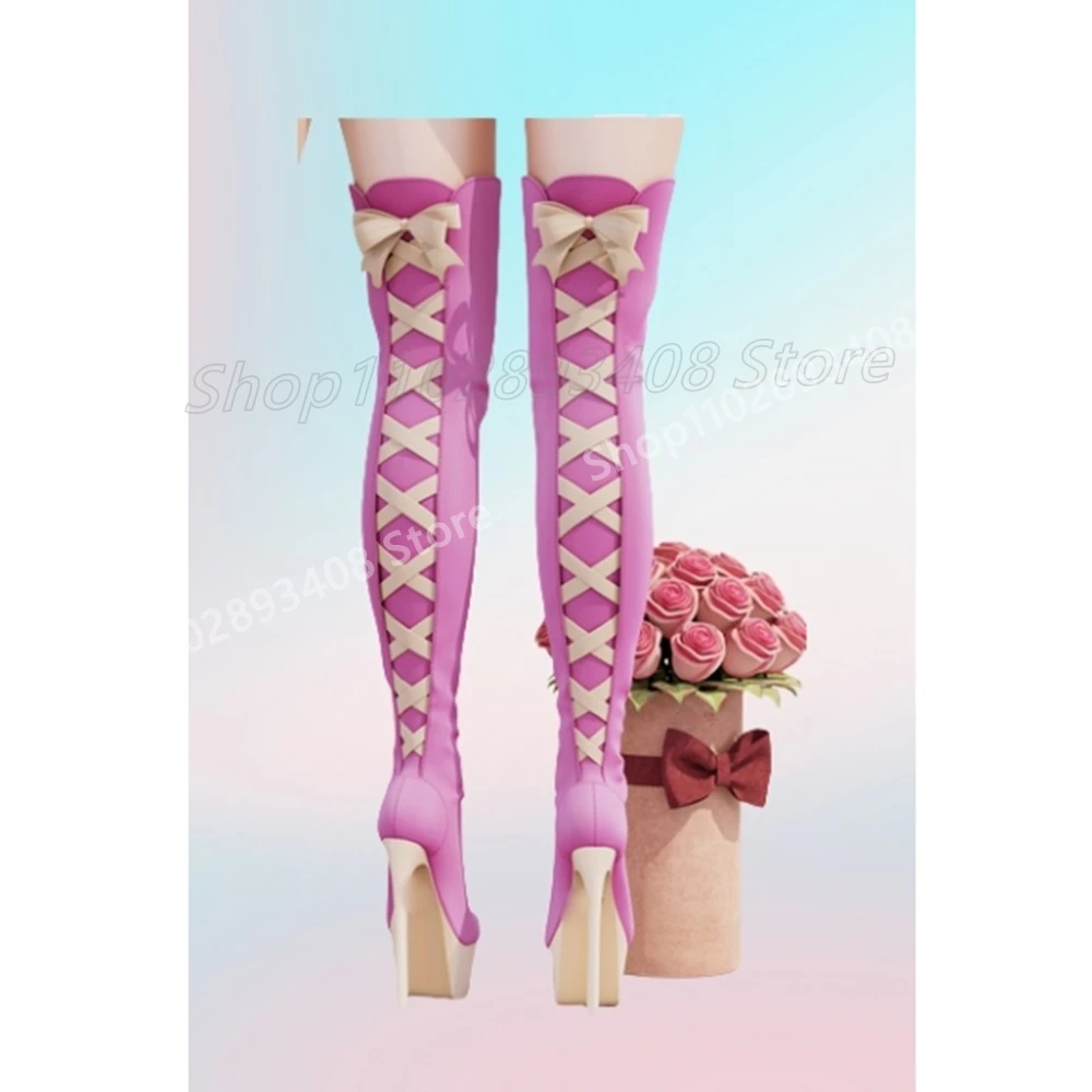 

Pink Sweet Back Cross Tied Over the Knee Boots Platform Butterfly Knot Stiletto High Heel Fashion Women Shoes 2025 Para Mujere