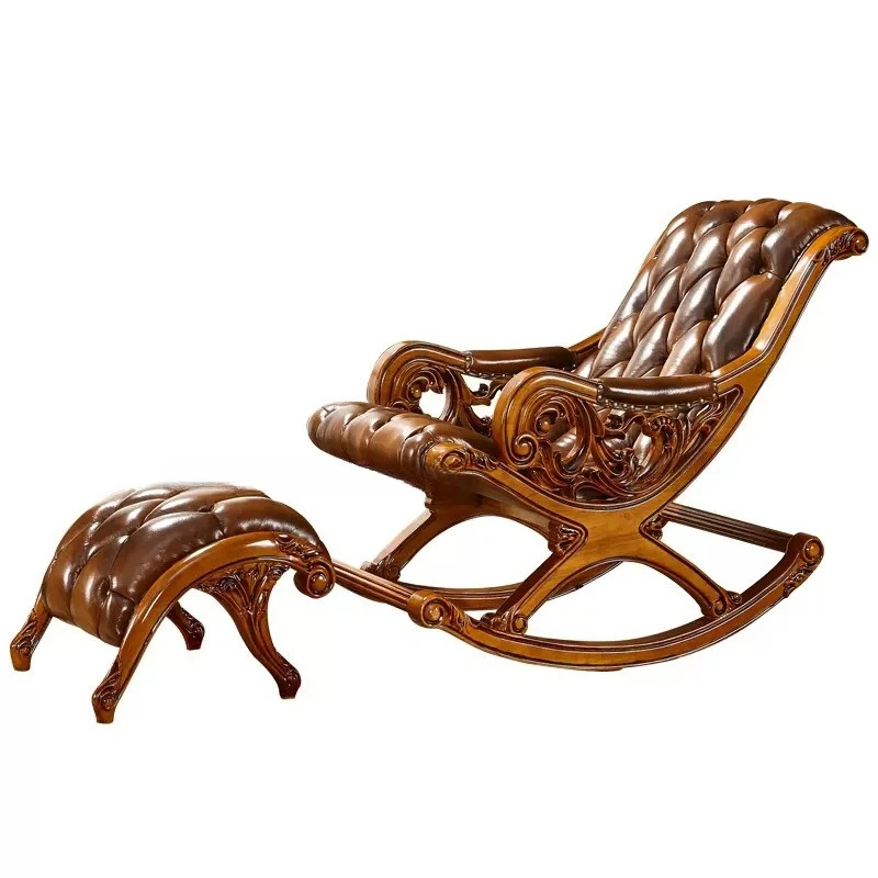 Europäischer Schaukelstuhl aus Massivholz mit Blumenholzschnitzerei und Lederbezug, luxuriöser Relaxsessel für Zuhause, Schlafzimmer-Sofa