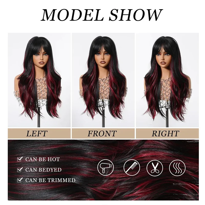 Long Wavy Black Blend Red Wig with Bangs Black Highlight Red Synthetic Wig for Punk Costume Cosplay Colorful Wig